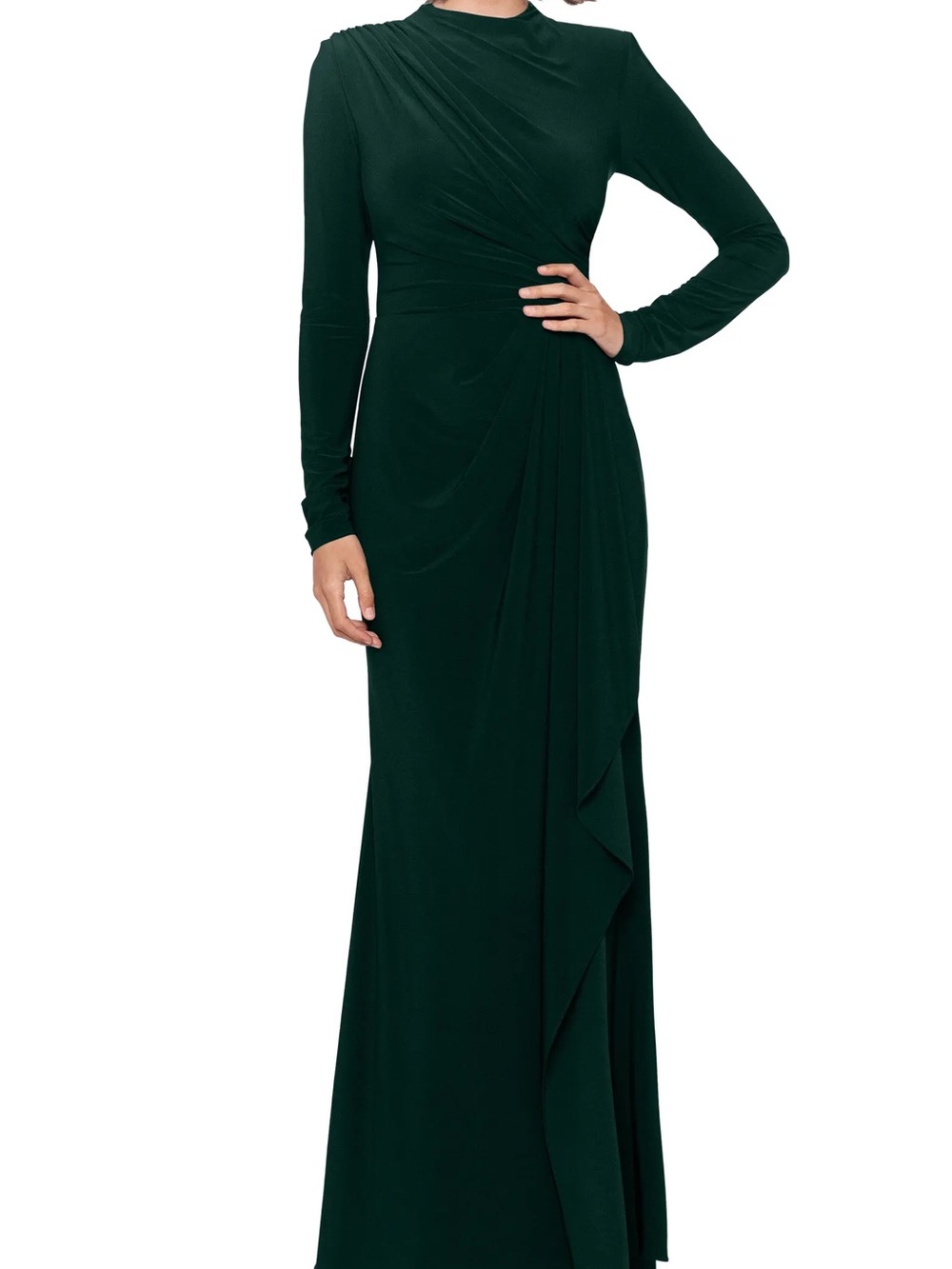 Betsy & Adam Forest Green Long Sleeve Ruched Gown